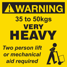 Printed Perforated Weight Label (WARNING 35 to 50kg) Black on Yellow 100mm x 100mm 500/roll