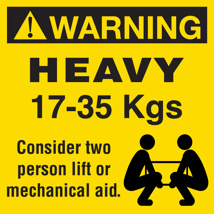 Printed Perforated Weight Label (WARNING 17 to 35kg) Black on Yellow 100mm x 100mm 500/roll