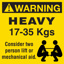 WARNING 17 to 35kg Label - Printed Weight Stickers Yellow 100mm x 100mm 500/roll